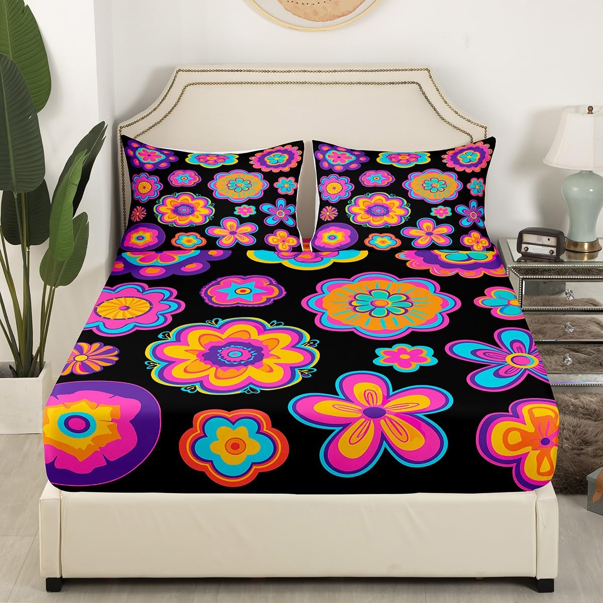 Erosebridal Groovy Flower Power Bedding Set Full Girls Neon Purple Black Vintage Floral Bed Sheets Hippie Aesthetic Psychedelic Botanical Sheet Set Soft Fitted Sheet + Flat Sheet + 2 Pillow Cases