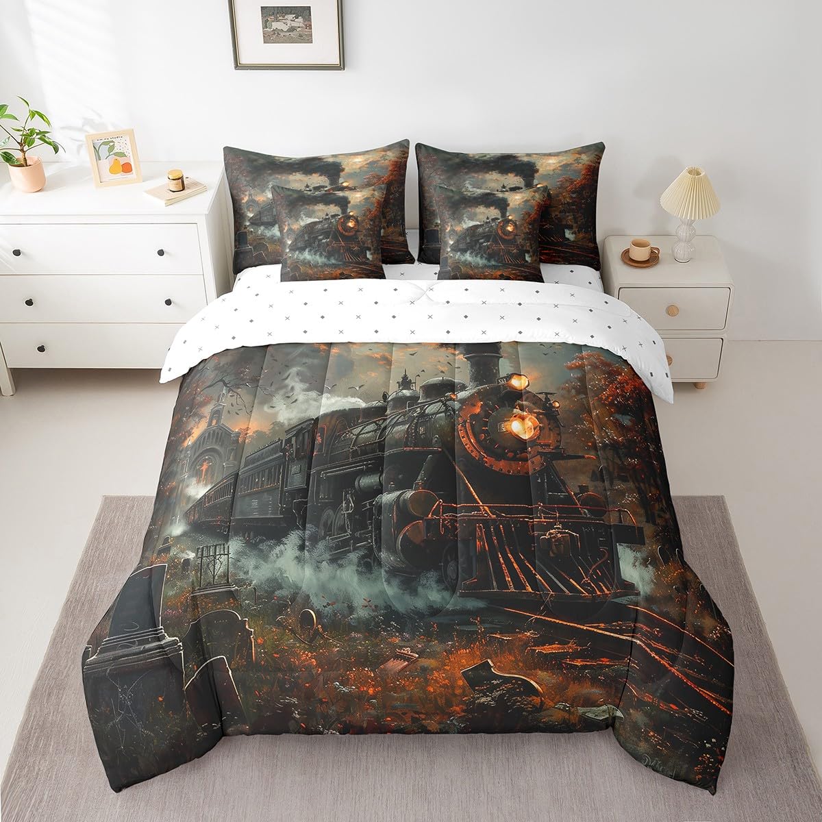 Manfei 7 Pieces Twin Size Retro Train Comforter Set,Steam Locomotive Train Bedding Set for Boys Girls,Maple Leaves Autumn Theme (Comforter+Fitted+Flat Sheet+2 Pillowcases+2 Throw Pillow Covers)