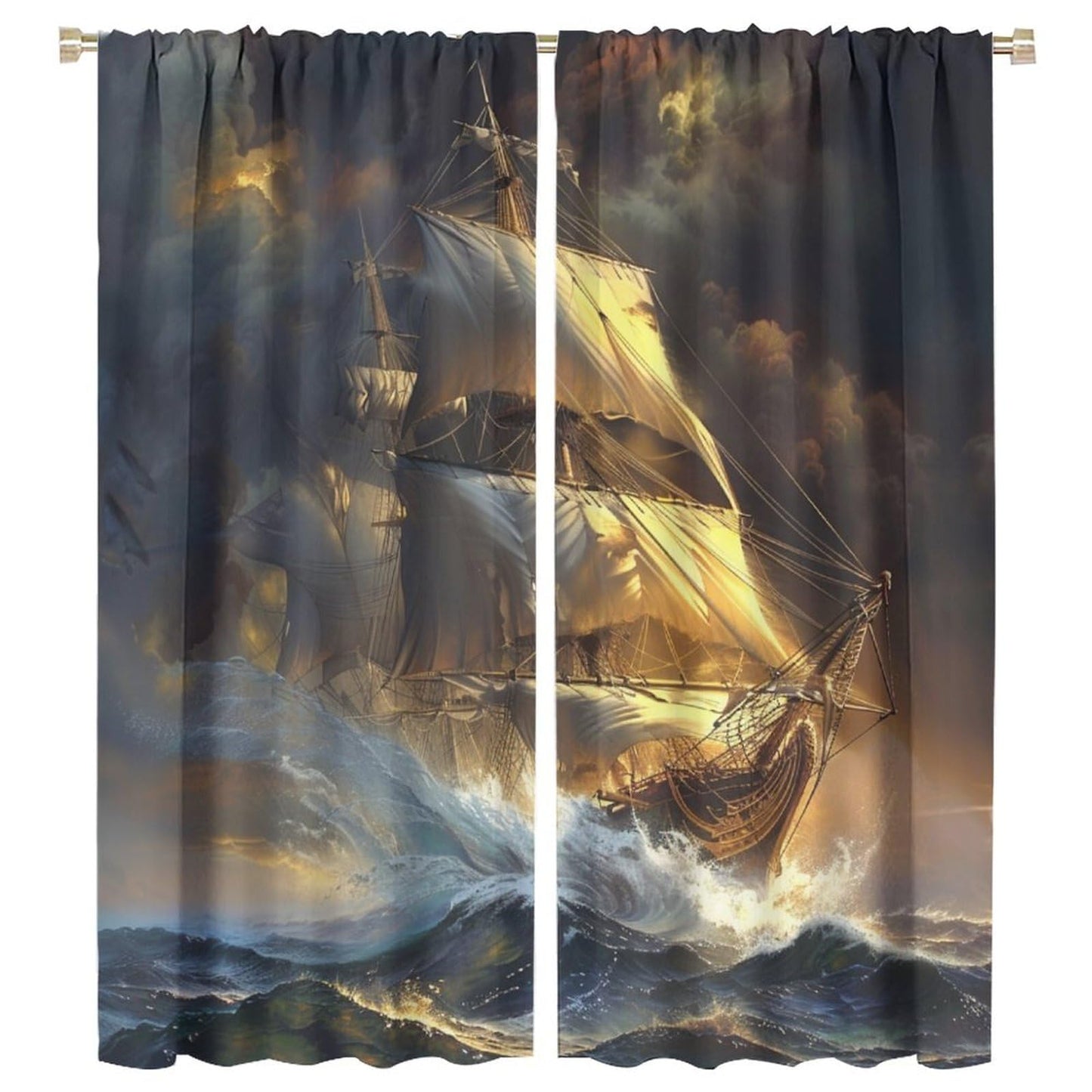 TOWINSFB Retro Ship Ocean Wave Blackout Curtains for Bedroom Living Room, Classic Nautical Sailboat Thermal Insulated Room Darkening Curtain - 42" W x 45" L