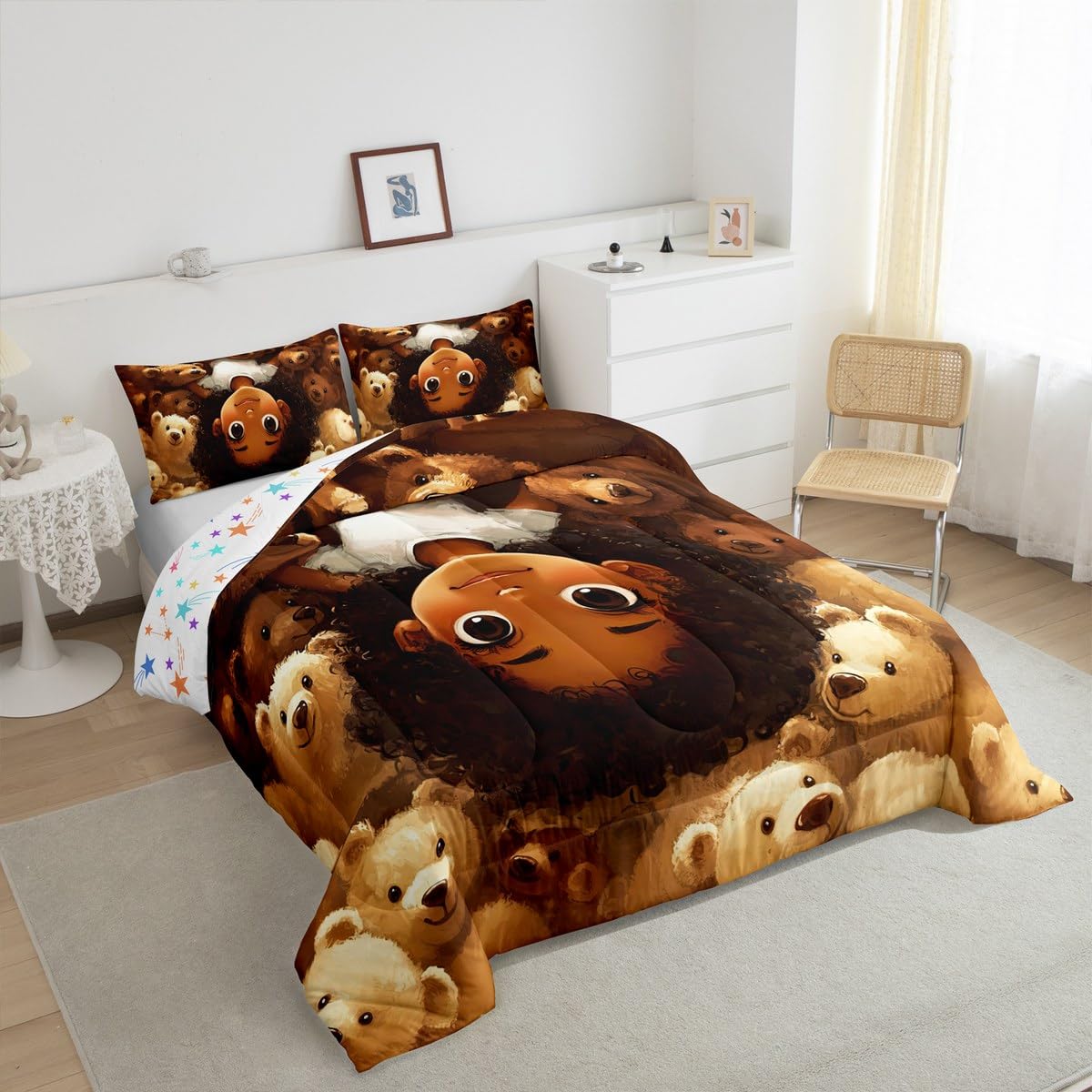 jejeloiu Kids Cute Black Girl Comforter Set Queen Size African American Girl Bedding Set for Boys Girls Bear Duvet Set Quilt Set,1 Comforter+ 2 Pillow Shams（No Glitter）