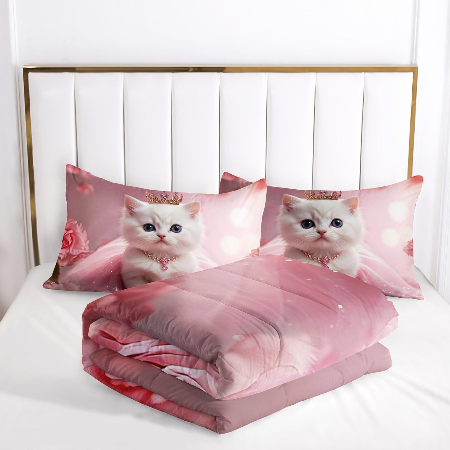 AILONEN 3D White Cat Comforter Set for Kids,Girls Twin Size,Cute Crown Kitten Bedding Set for Bedroom Decor,3-Piece,1 Quilt + 2 Pillowcases,Soft Microfiber