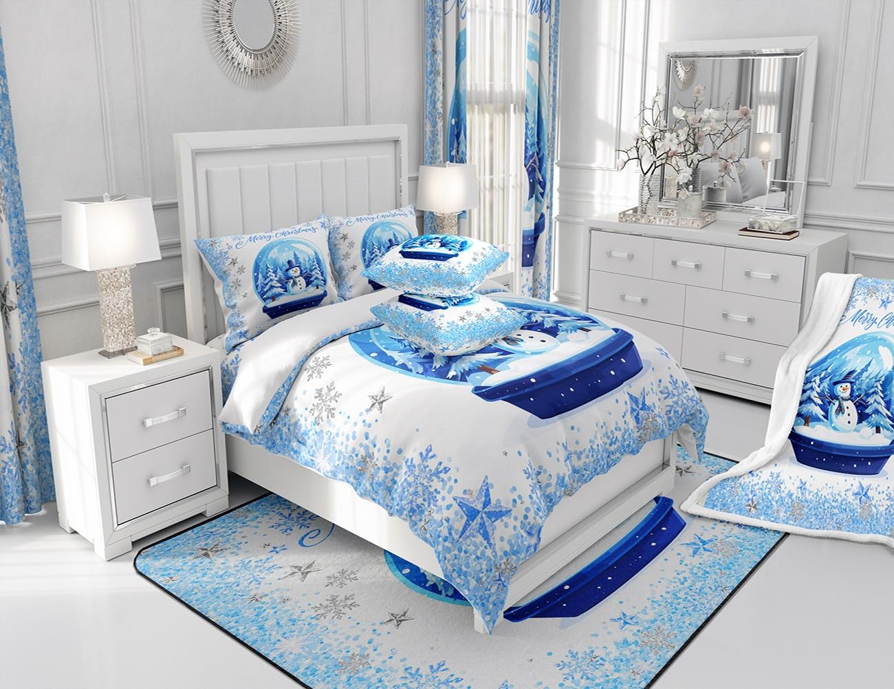Snowman Xmas Tree Duvet Cover Set Twin Size,Merry Christmas Bedding Set,Sliver Blue Glitter Snowflake Comforter Cover for Kids Boys Girls Teens Room Decor,Fantasy Winter Quilt Cover,1 Pillowcase