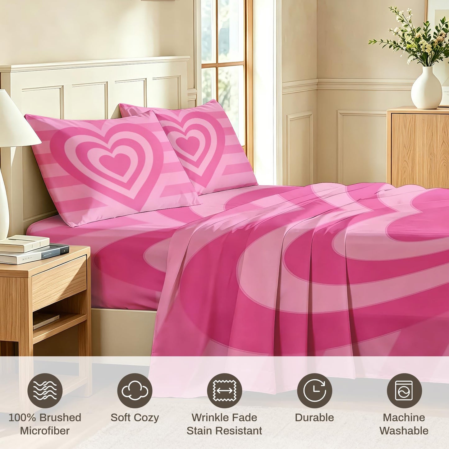 Pink Heart Striped Queen Bedding Set Retro 70s Sheet Sets
