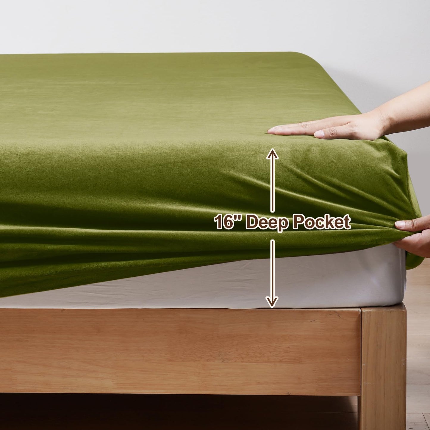 PHF Ultra Soft Velvet Fitted Sheet Queen Size, 16" Deep Pocket with Wider Stronger Elastic Band, Easy Fit Easy Care, 1 Pack Cozy Comfy Flannel Bottom Sheet for All Seasons, No Pillowcases, Olive Green
