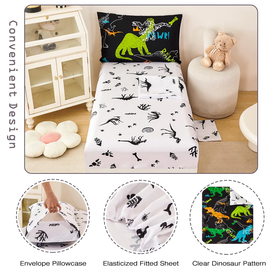 PERFEMET 4-Piece Boys Toddler Bedding Sets Cartoon Dinosaur Comforter Set for Girls Kids Soft Reversible Colorful Animal Bed Set for Toddler(Dinosaur, Toddler)