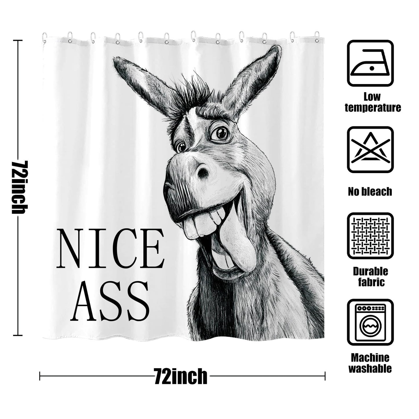 Zussun Funny Donkey Shower Curtain Rustic Farmhouse Shower Curtains for Bathroom Black and White Fun Cute Animal Wildlife Waterproof Fabric Bath Curtain Decor 72 X 72 Inch