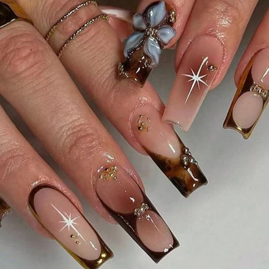French Tips Press on Nails Brown - Long Square Nails Press on with 5D Flower, Gold Charm Design Glossy Ombre Fake Nails Floral Glue on Nail Reusable Fall Summer Nail for Women Manicure 24Pcs