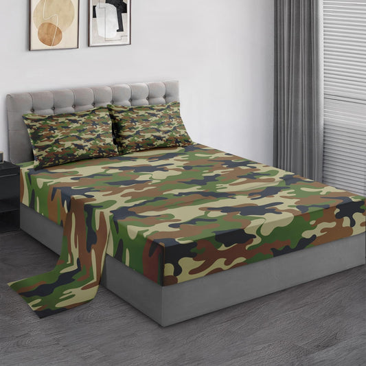 Pamnest Full Size Bed Sheet Sets, Camouflage Army Military Soft Microfiber 4 Pcs Bedding Sets for Kids and Adults Bedroom Bed Decor, Woodland Green Brown Camo Flat, Fitted Sheet and 2 Pillowcases