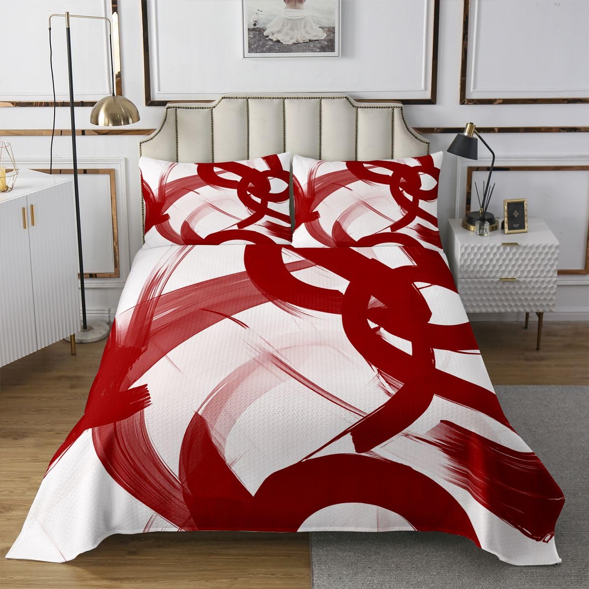 jejeloiu Red and White Striped Bedspread 2 Pieces Twin Size Modern Abstract Coverlet Set Soft Cozy Geometric Aesthetic Lightweight Quilted Coverlet for All Season with 1 Pillowcase