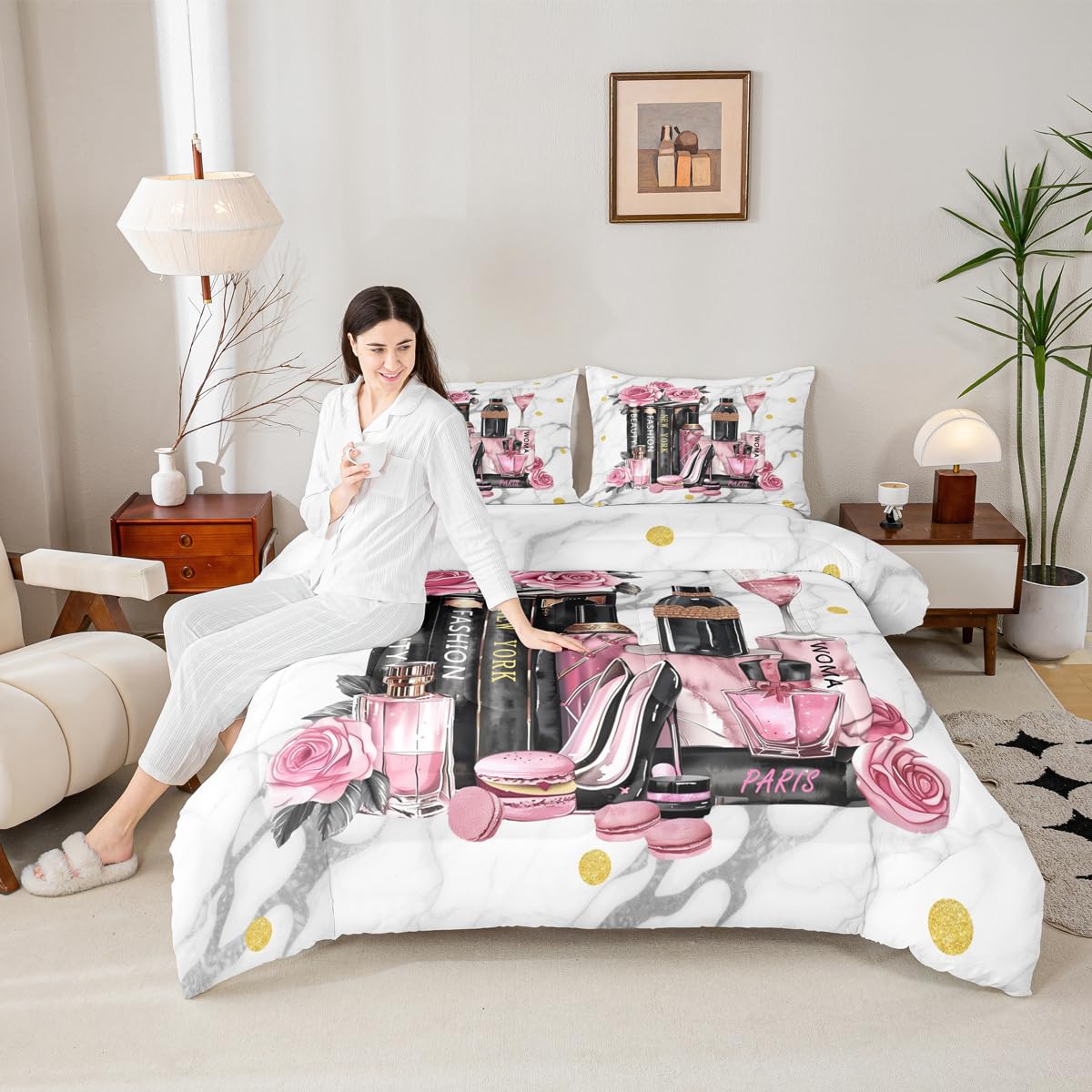 Erosebridal Fashion Black Pink Comforter King Size Flower Perfume Girls Women Modern Bedding Set High Heels Books Champagne Quilt Romantic Makeup Paris Bed Sets