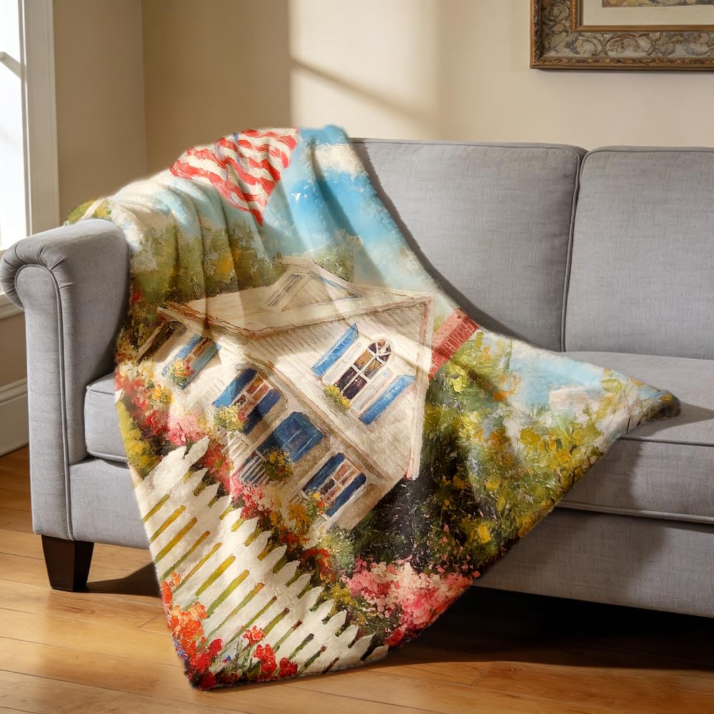 ZHOUSHUTONG Vintage American Cottage with US Flag Garden Flannel Throw Blanket, Cozy Warm Patriotic Country House Blankets, Lightweight Fuzzy Soft Flannel Blanket for Couch Bed Sofa Adults 49"x59"