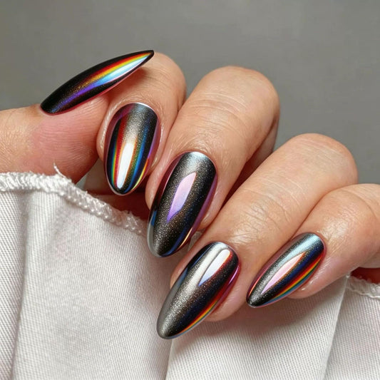 RUOKEXIN Almond Press on Nails Medium Length Fake Nails Black Silver Chrome False Nails with Cat Eye Designs Full Cover Nail Press ons Sparkly Artificial Nails for Women 24Pcs