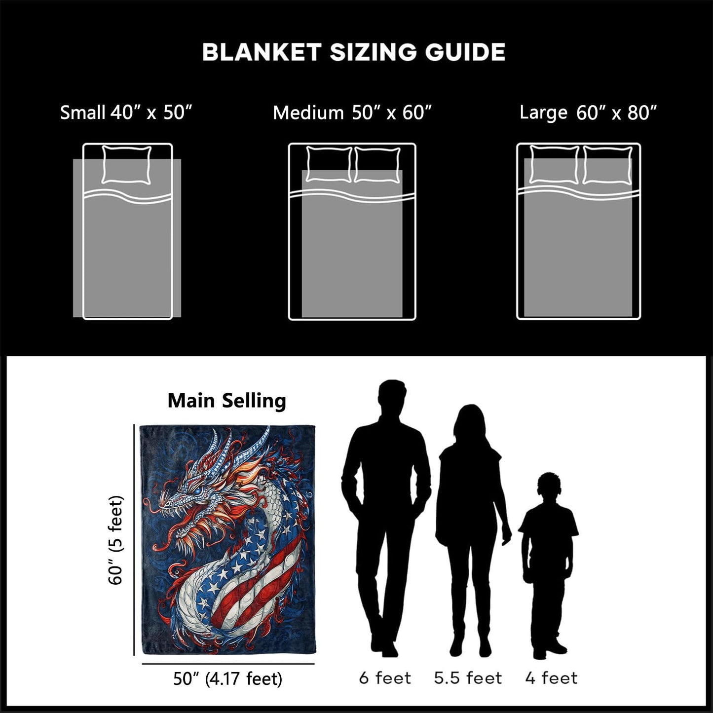 xmwjfd Patriotic Dragon Blanket, Cozy Plush Throw Blanket for Couch Bedroom Outdoor, Lightweight Soft Flannel Travel Blankets, Gifts for Women Adults Kids, Warm Decor 50"×60"