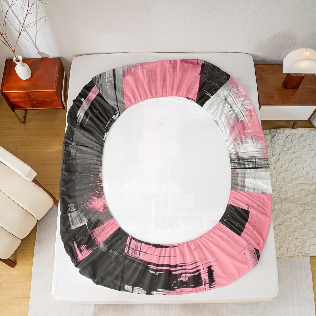 jejeloiu Abstract Fitted Sheet with 1 Pillowcase Twin Size Black Pink Bed Sheets Set 16" Deep Pocket Boys Girls Art Aesthetic Bedding Teens Bedroom Decor Breathable Soft