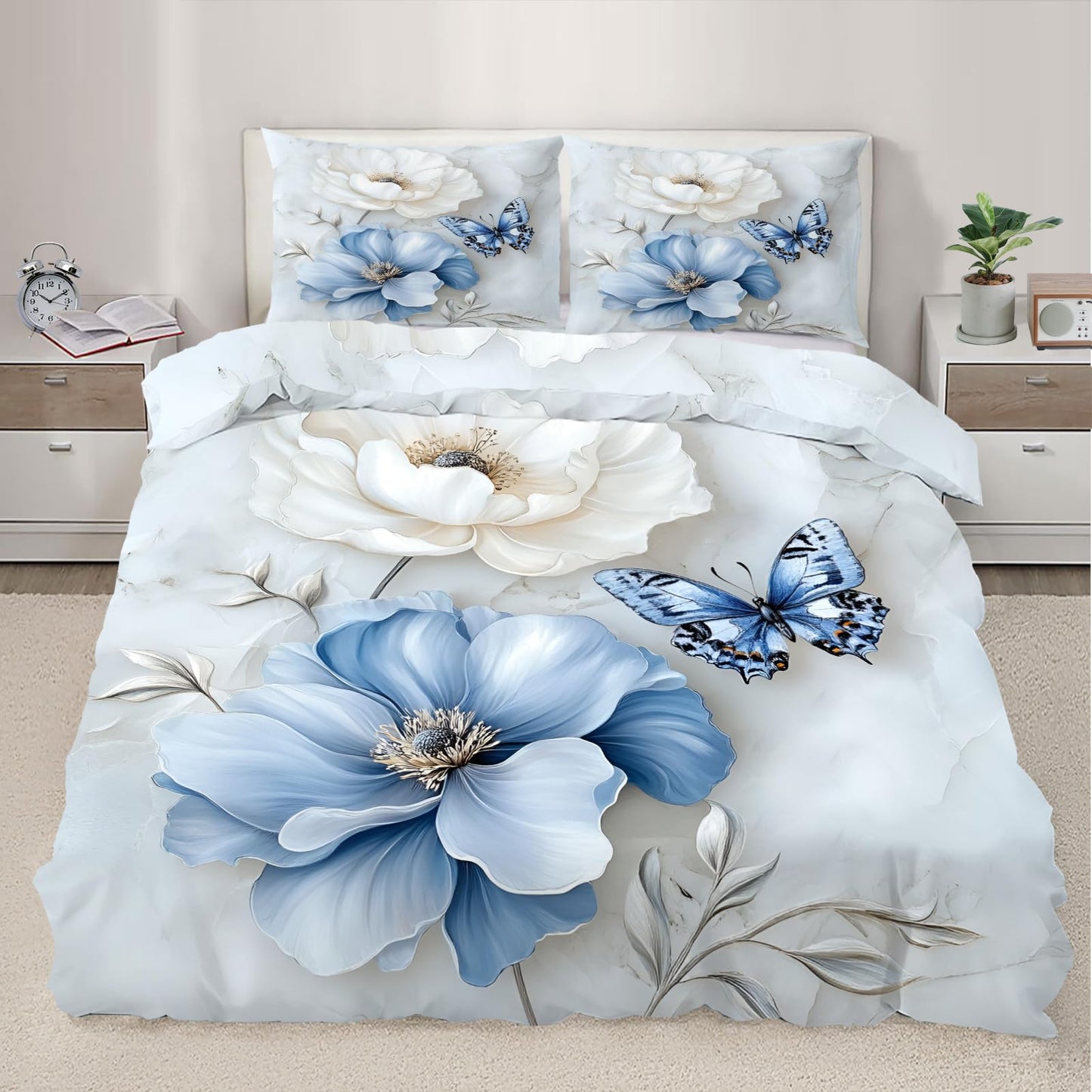 QINYUN 3D Butterfly Duvet Cover King Size, Modern Blue Floral Bedding Set 3 Piece Bedroom Decor Elegant Flowers Comforter Cover with Zipper Ties & 2 Pillowcases