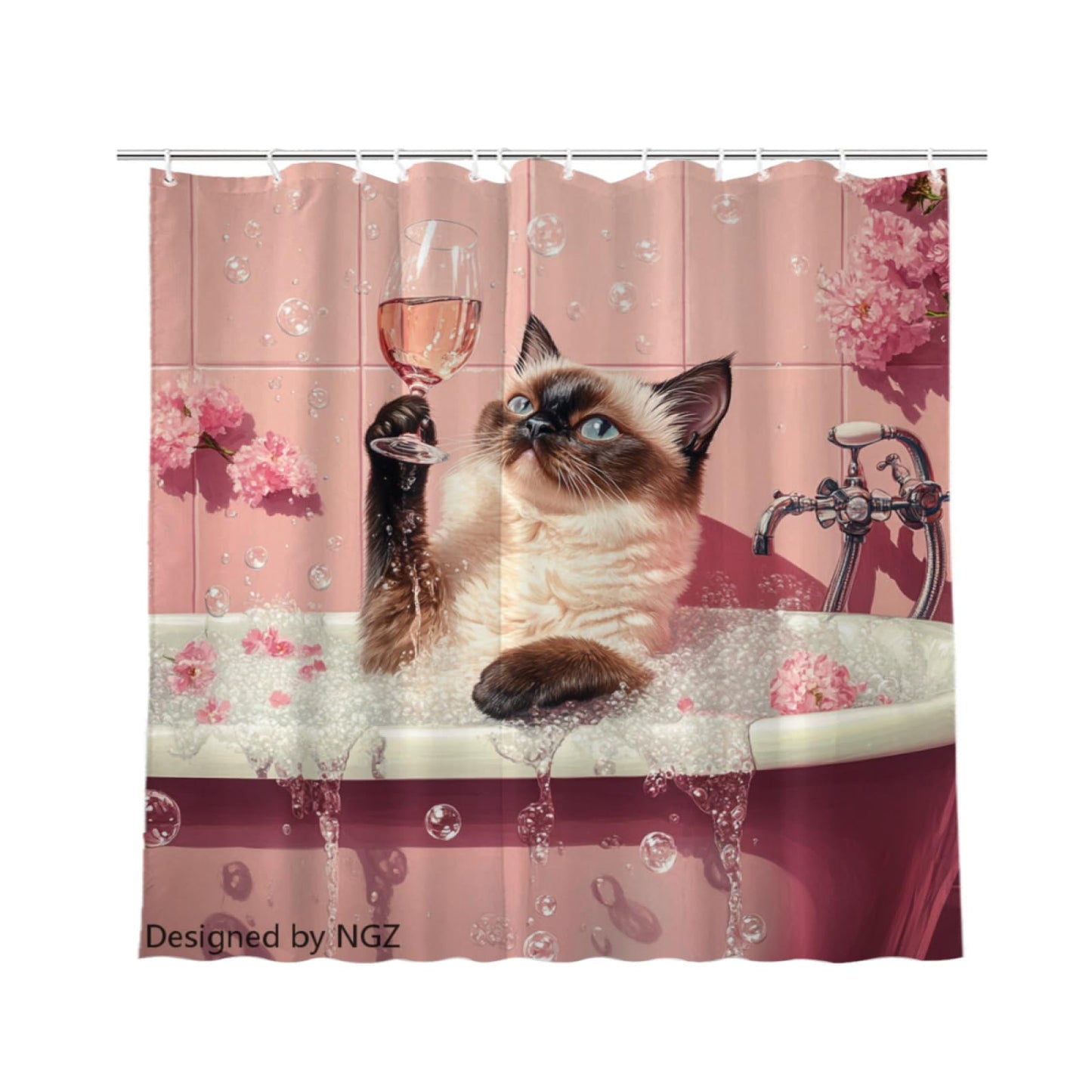 NGZ Funny Siamese Cat Shower Curtain, SPA Siamese Cat with Wine, Pink Shower Curtain, 72x72 Inches Floral Shower Curtains for Bathroom, Bath Curtains Set with 12 Hooks