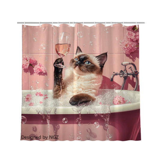 NGZ Funny Siamese Cat Shower Curtain, SPA Siamese Cat with Wine, Pink Shower Curtain, 72x72 Inches Floral Shower Curtains for Bathroom, Bath Curtains Set with 12 Hooks