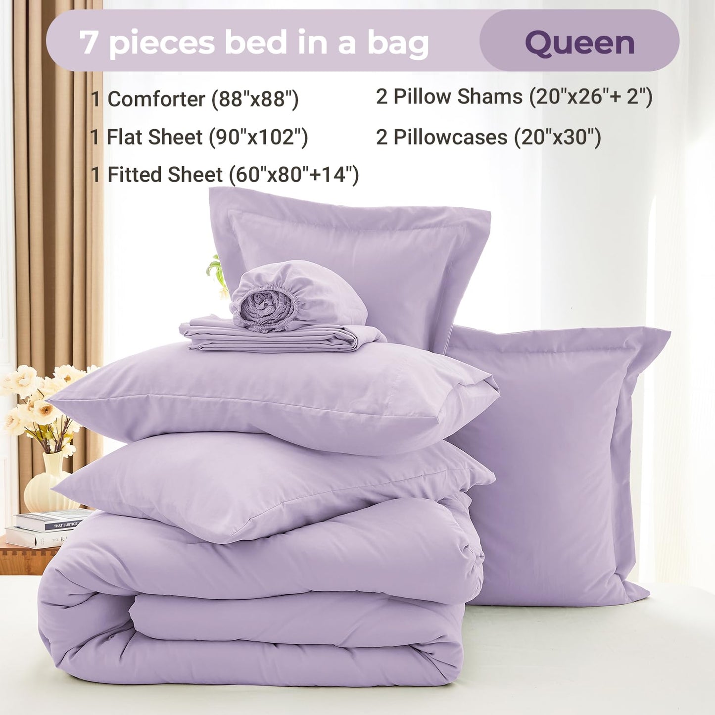 MUXHOMO 7 Pieces Queen Comforter Set, Soft Bed in a Bag Queen Size, All Season Bedding Set with Comforter, Flat Sheet, Fitted Sheet, Pillowcases & Shams, Lavender
