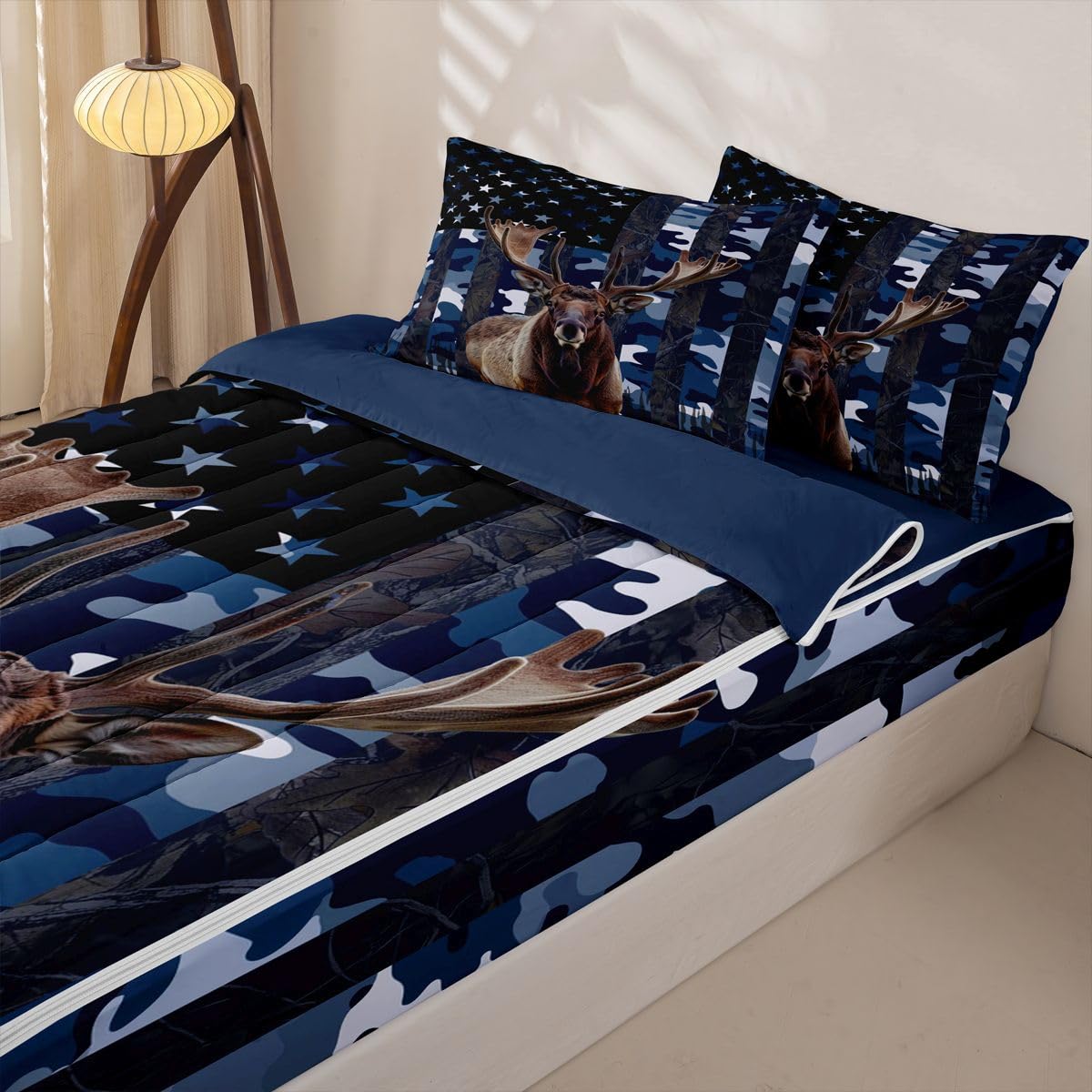 jejeloiu Moose Elk Hunting Camo Zipper Bedding Sets for Kids Boys Girls Rustic Western Deer Twin Comforter Set with Fitted Sheet American Flag Bedroom Decor Microfiber with 2 Pillow Cases