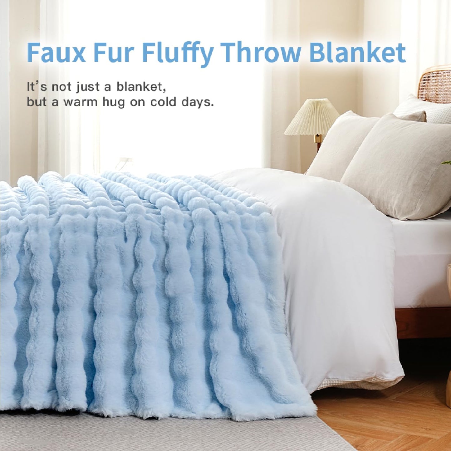 Light Blue Faux Fur Fluffy Blanket Plush Fuzzy Throw Blanket for Couch Sofa Soft Fleece Winter Warm Bubble Bed Throw, 63"x79"