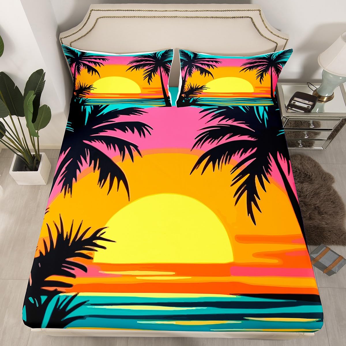 jejeloiu Beach Sunset Bedding Sheets Queen Size Palm Tree Bed Sheet Set for Kids Boys Girls Ocean Beach Fitted Sheet Blue Pink Yellow Bed Cover 3Pcs,1 Fitted Sheet+2 Pillow Sham（No Flat Sheet）