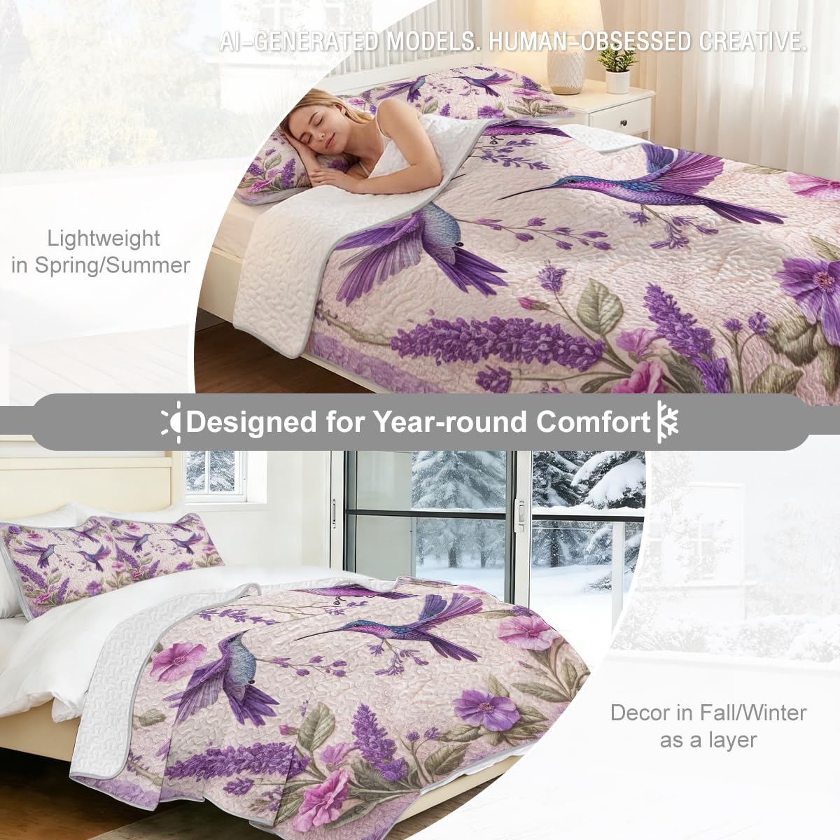 ARIGHTEX Flower Bird Quilt Set Queen Size Lavender Hummingbird Floral Bedding Set Lightweight Botanical Quilt Soft Microfiber Bedspread Coverlet Spring Bedding Set with Matching Pillow Shams