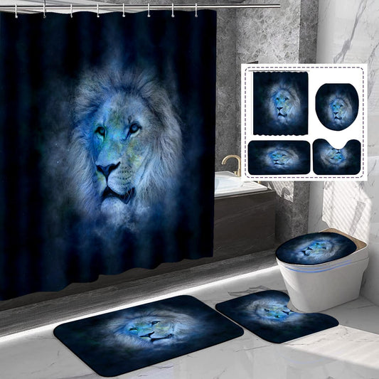 4PCS Navy Blue Lion Shower Curtain Set, Animal Style Bathroom Decor