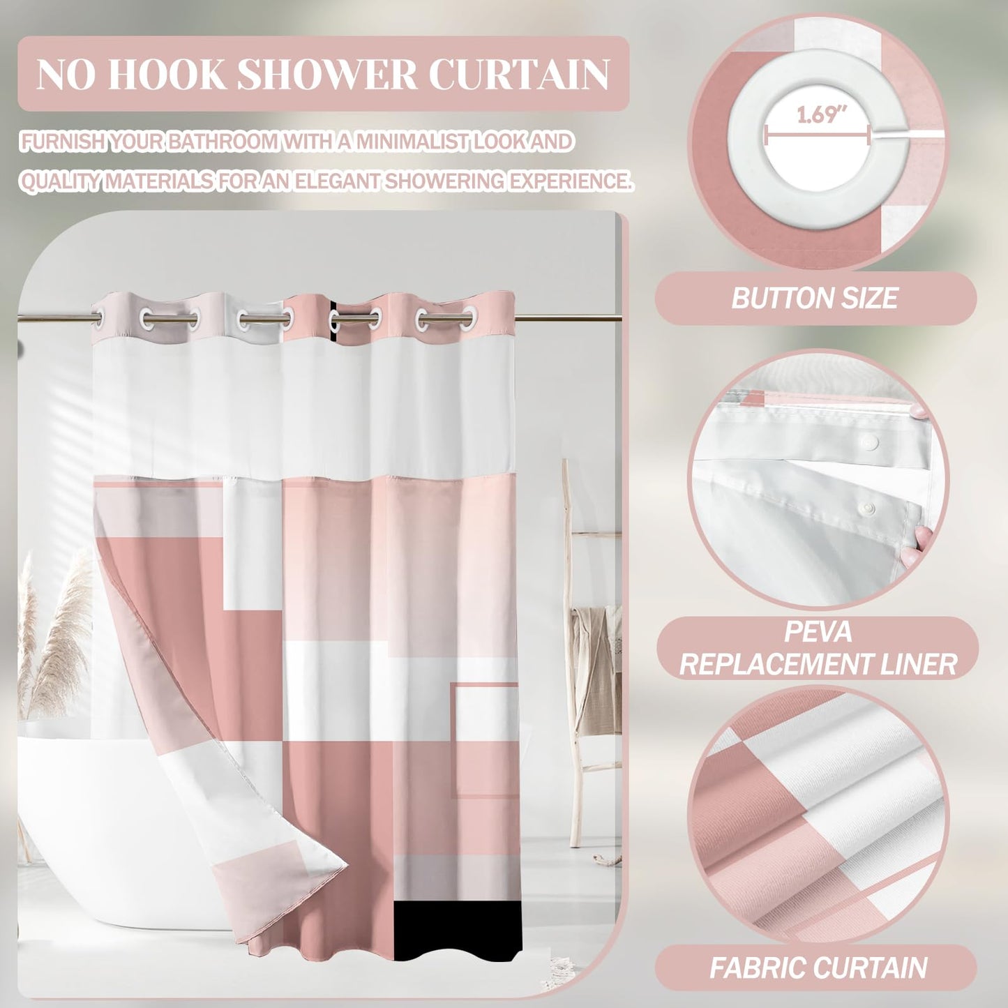 Pink Hookless Shower Curtain Set with Snap in Liner, Pink White Bathroom Decor, 71x74 Inches, Geometric Bathroom Curtain with Liner and See Through Top Window