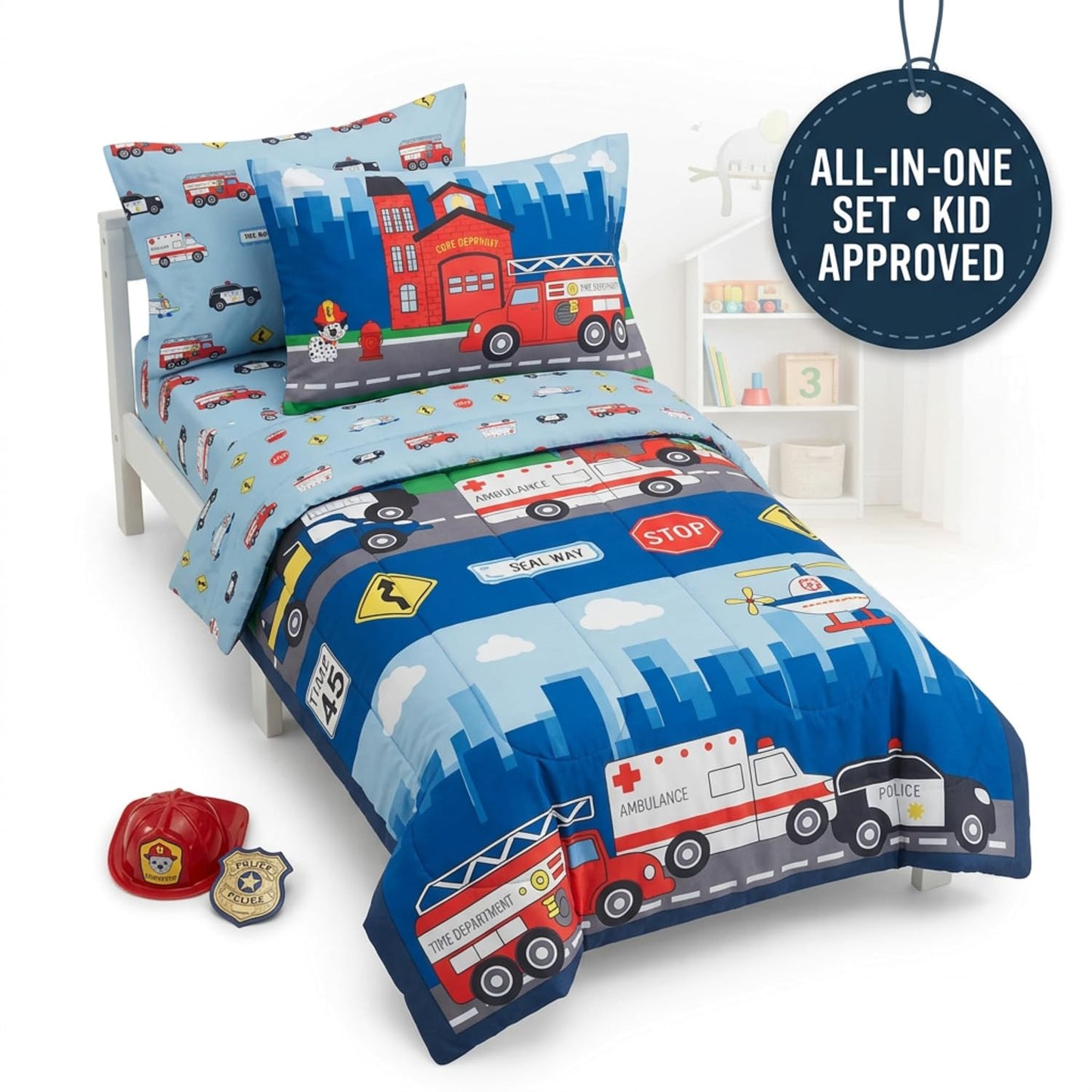 EVERYDAY KIDS 4 Piece Toddler Bedding Set -Fire and Police Rescue- Includes Comforter, Flat Sheet, Fitted Sheet and Reversible Pillowcase