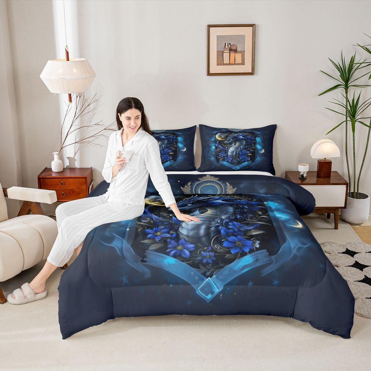 Feelyou Dragon Bedding Set Soft for Boys Girls, Wild Life Comforter Set Twin Size Jungle Dragon Duvet Quilt Microfiber Wild Animal Bedroom Decor Dull Blue 2 Pcs with 1 Pillow Cases