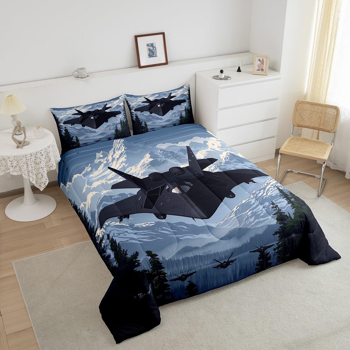 Manfei Modern Airplane Bed Comforter Set Queen Size,Military Black Fighter Plane Aircraft Super Soft Microfiber Bedding Set for Girls Boys,Snowy Mount Pines Trees Nature Paint Decorative Quilter Set