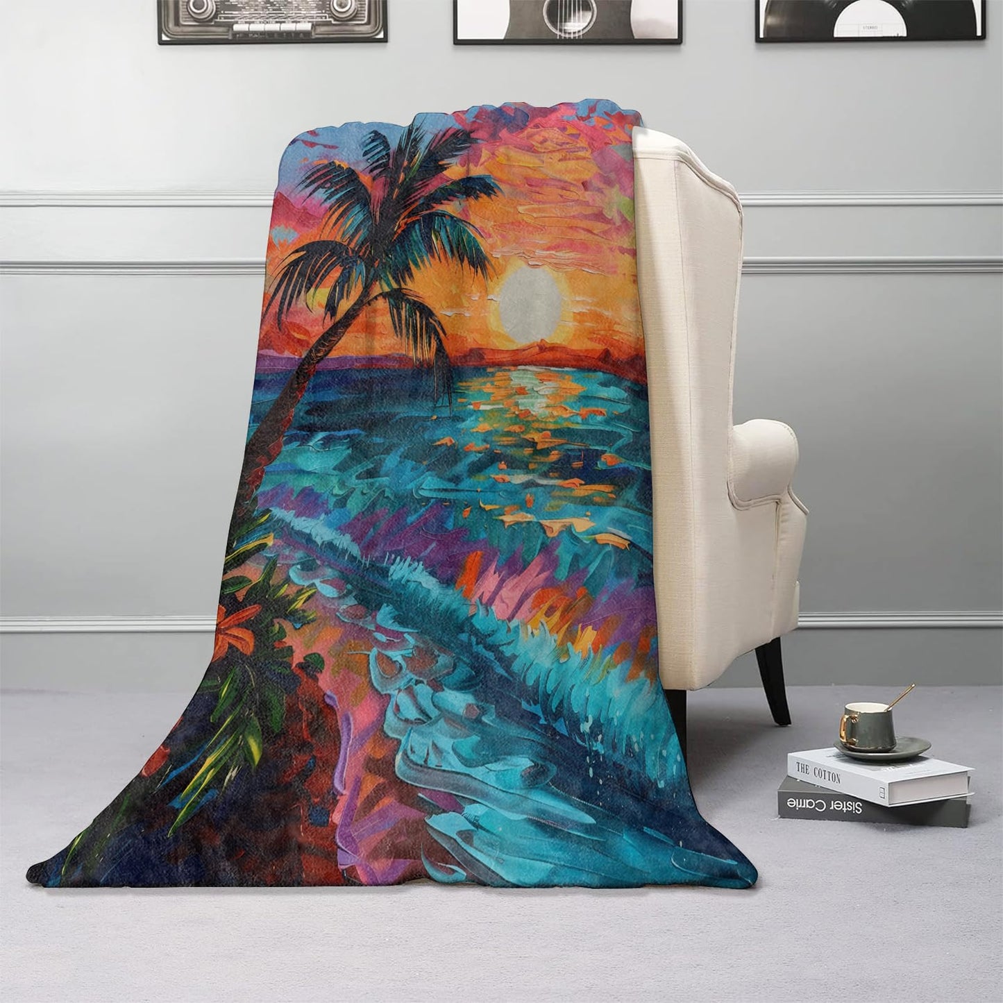 Kibue Sunset Beach Pattern Blanket Warm & Cozy Flannel Throw Blanket - Soft Plush Lightweight Blankets for Travel, Sofa, Bedroom, Office, Home Decor for Adults Kids Women 60"×50"