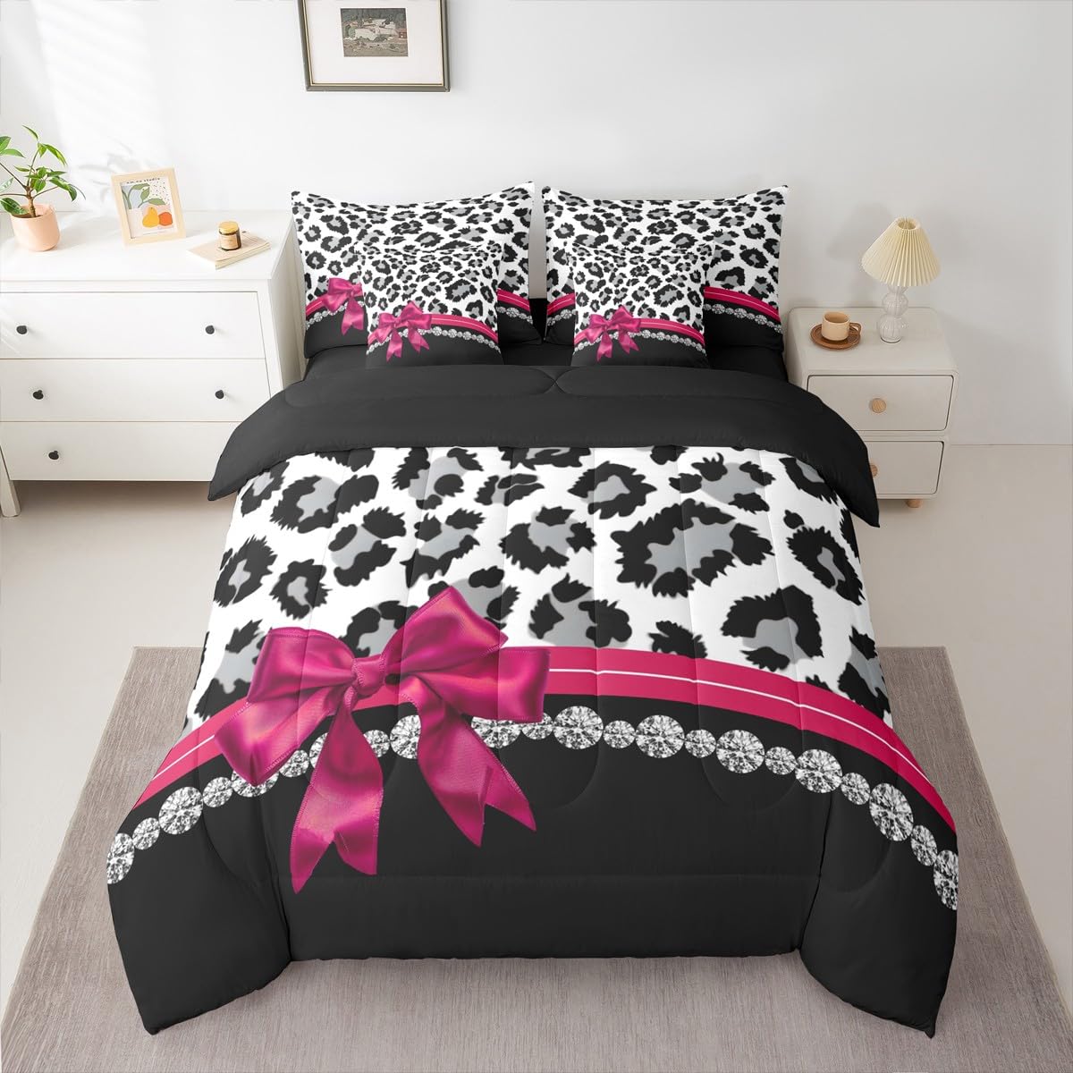 Feelyou Grey Leopard 7 Piece Bedding Set Queen Size Plum Red Bowknot Comforter Set with Sheets for Kids Girls Women Diamond Bed in a Bag Animal Print Bed Set