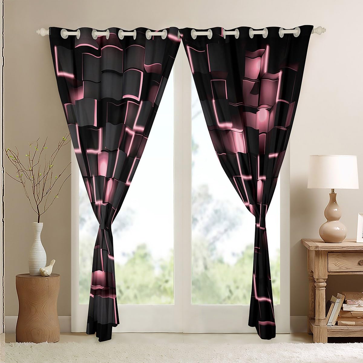 Feelyou Pink and Black Darkening Drapes (2 Panels, 52 x 90 Inch) Light Geometric Curtains for Bedroom Living Room Decor Blackout Curtains Modern Style Window Treatments