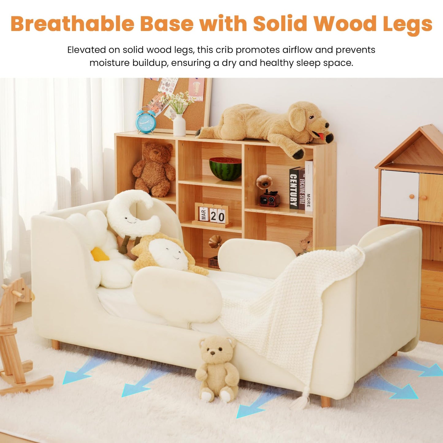 Meulbaty Toddler Bed, Toddler Floor Bed Frame with Wood Slats, Small Beds with Removable Safety Guardrails, Standard Crib Size Kids Bed for Girl and Boy, White