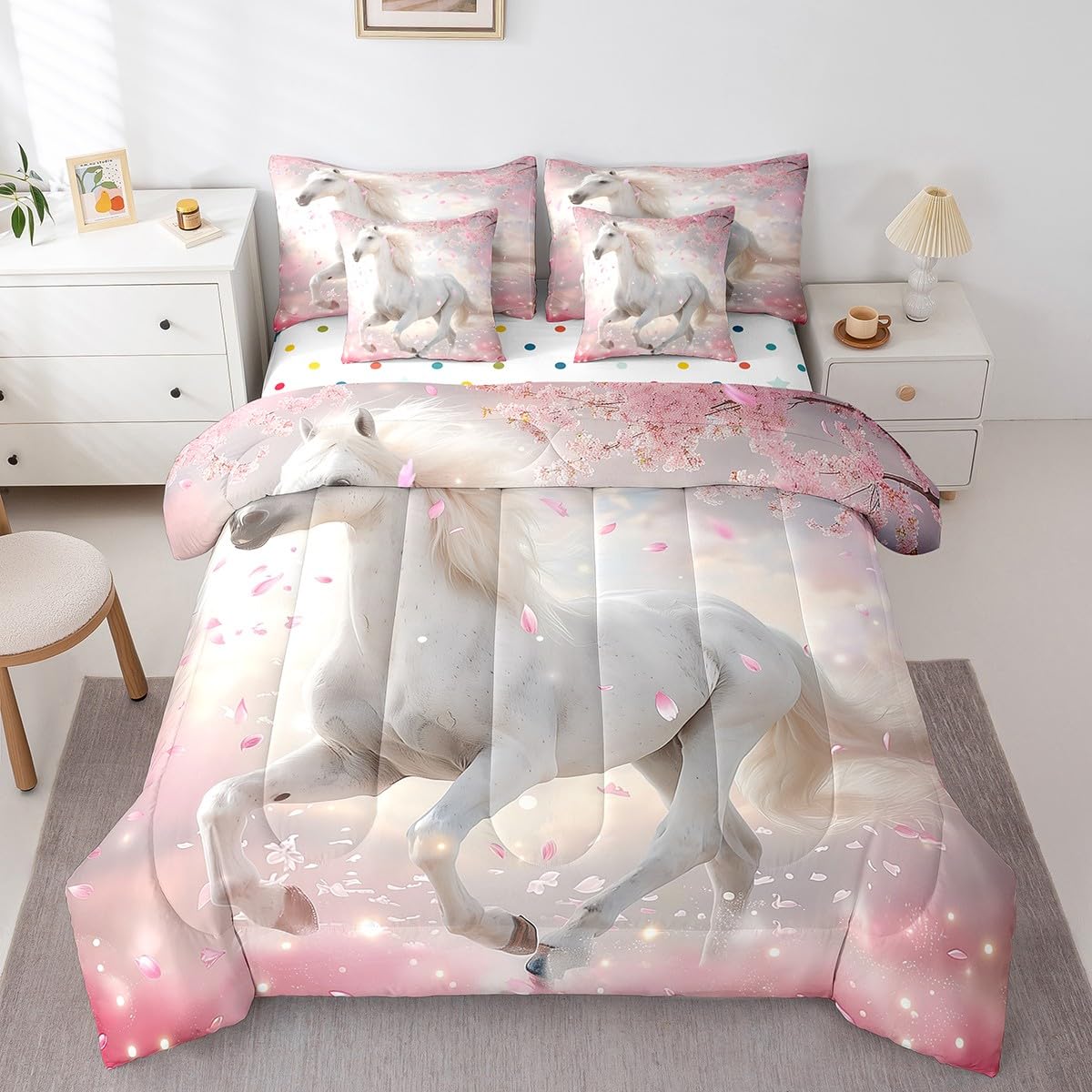 7 Piece Boys Twin Horse Bed in a Bag Pink Cherry Blossom Sheet Set for Girls Kids - 3D Wild Animal Bedding Set with Comforter - Pink Fitted Sheet - White Horse Farmhouse Cushion Covers