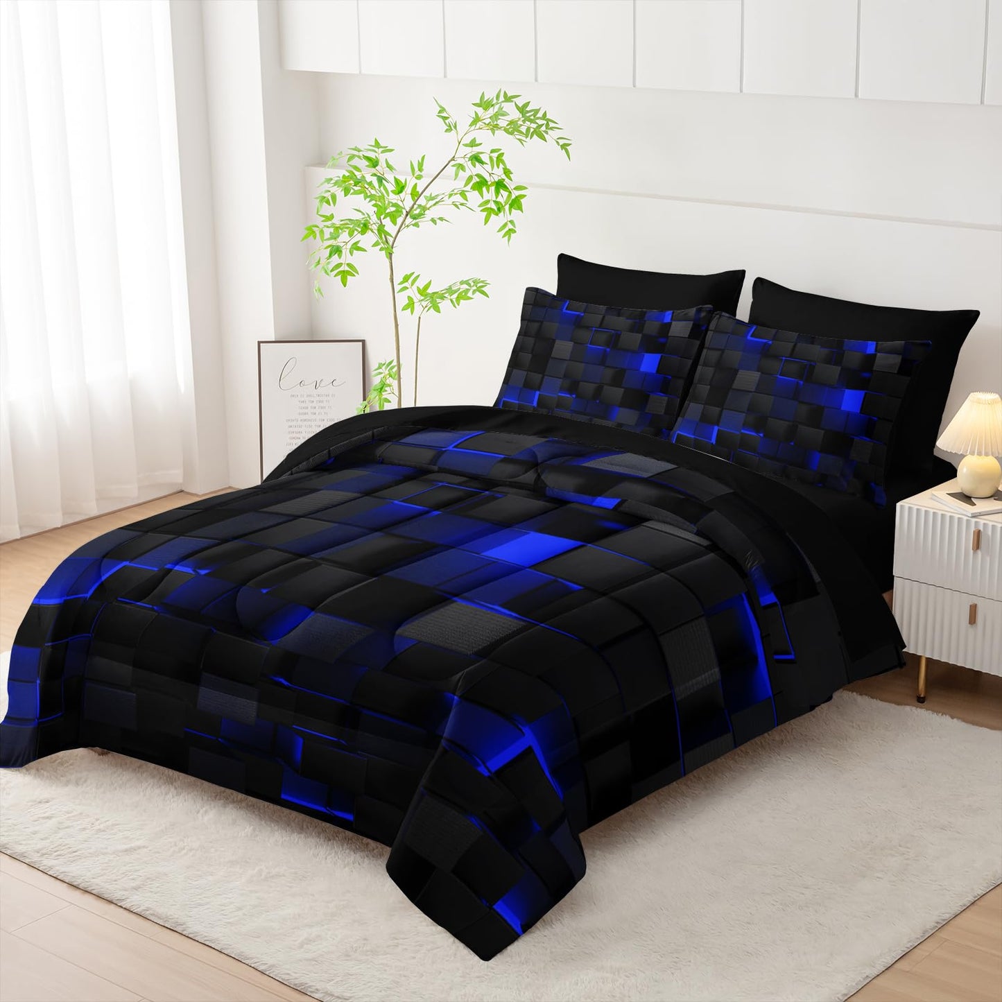 Nttopship Geometric Blue Black King Comforter Set,Light Honeycomb Bedding Set 7 Piece in A Bag,Bed Sheet Set Geometry Decor,Microfiber Lightweight All Season