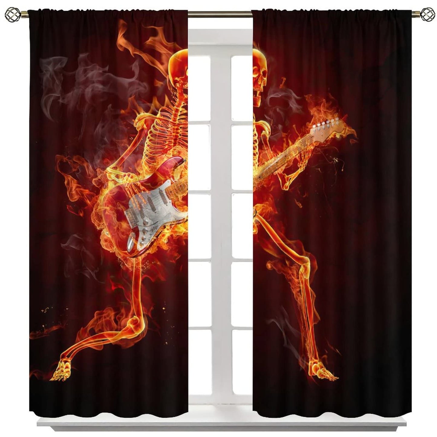 Guitars Music Curtain,Punk Rocker Cool Guitars Music Fiery Series Window Rod Pocket Curtains for Bedroom Living Room Home Decor W42xL45in