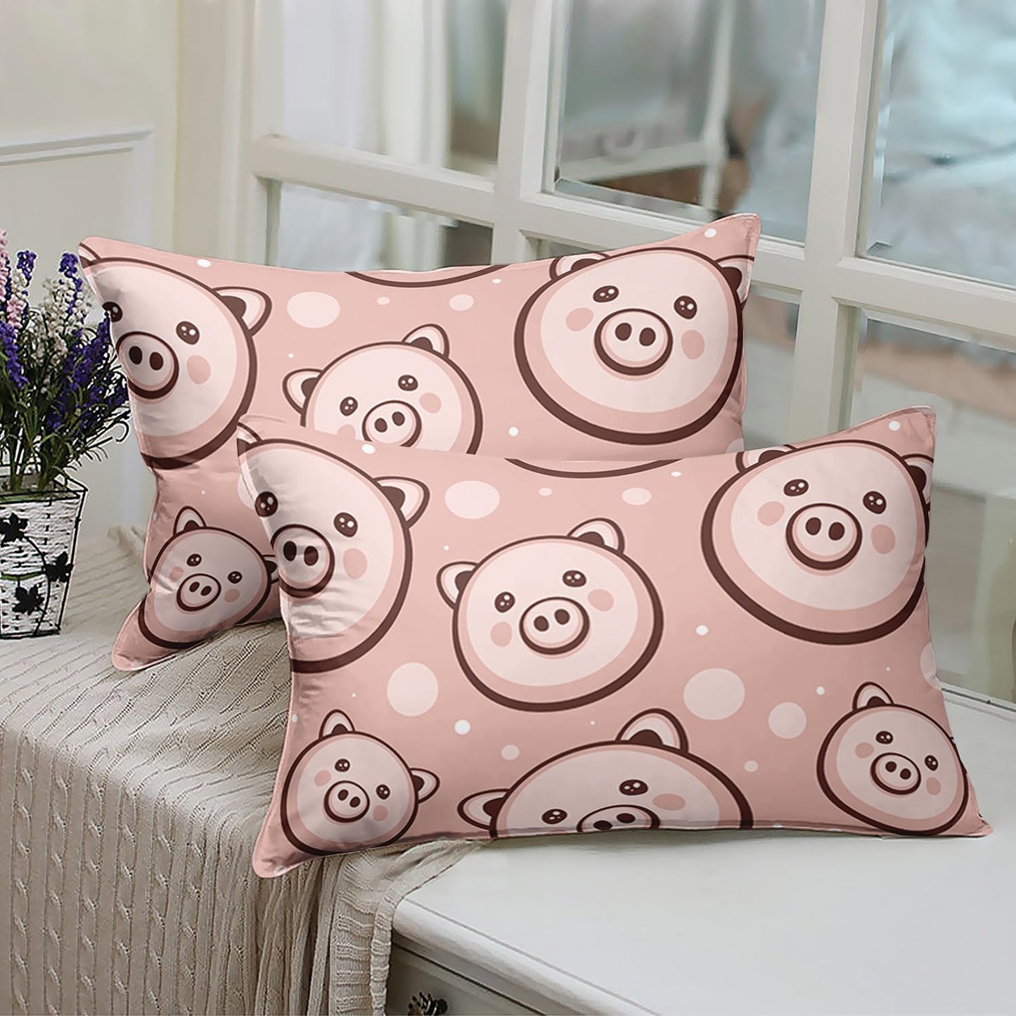AILONEN Funny Pig Fitted Sheet Set Twin Size,3-Piece Cute Animal Bed Sheet Set for Kids,Cartoon Pig Print Pink Microfiber Fitted Sheet with 2 Pillowcases,All Season