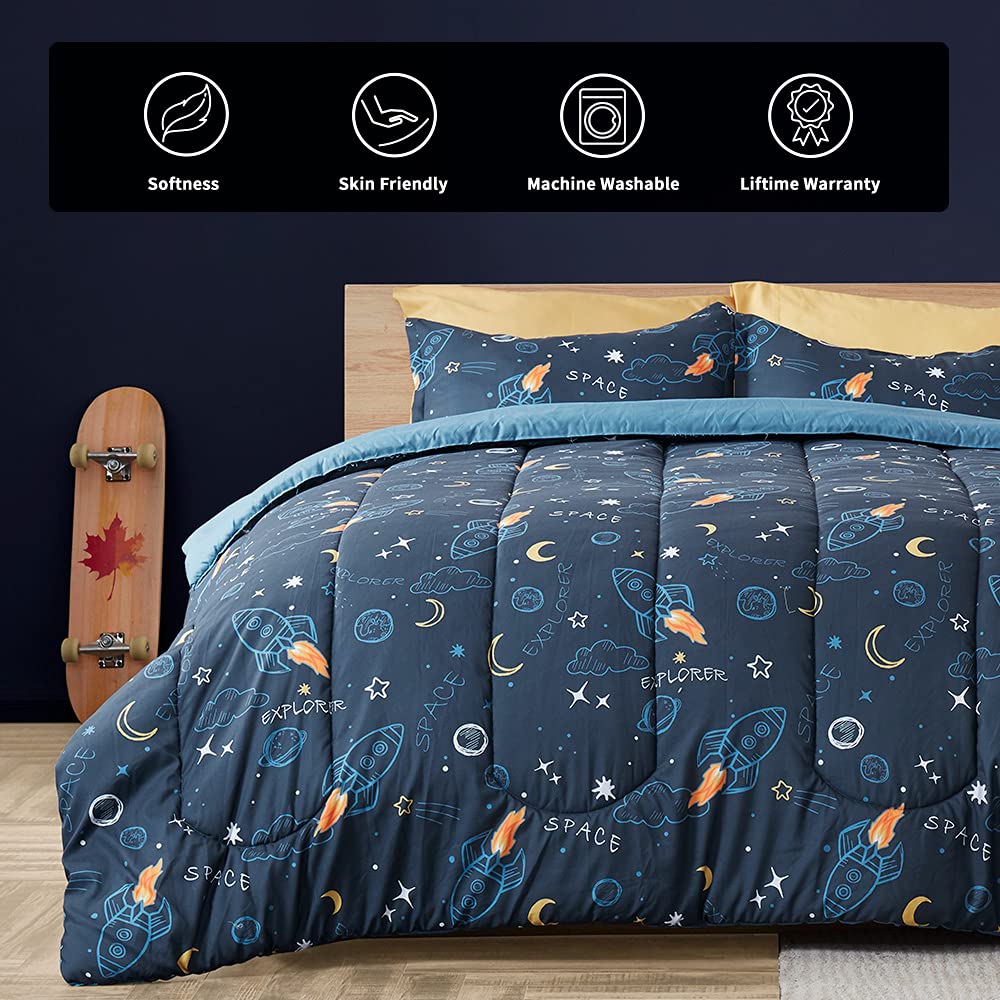 SLEEP ZONE Kids Twin Bedding Comforter Set - Super Cute & Soft Kids Bedding Bed in a Bag Pieces Set with Comforter, Sheet, Pillowcase & Sham (Space Rocket)