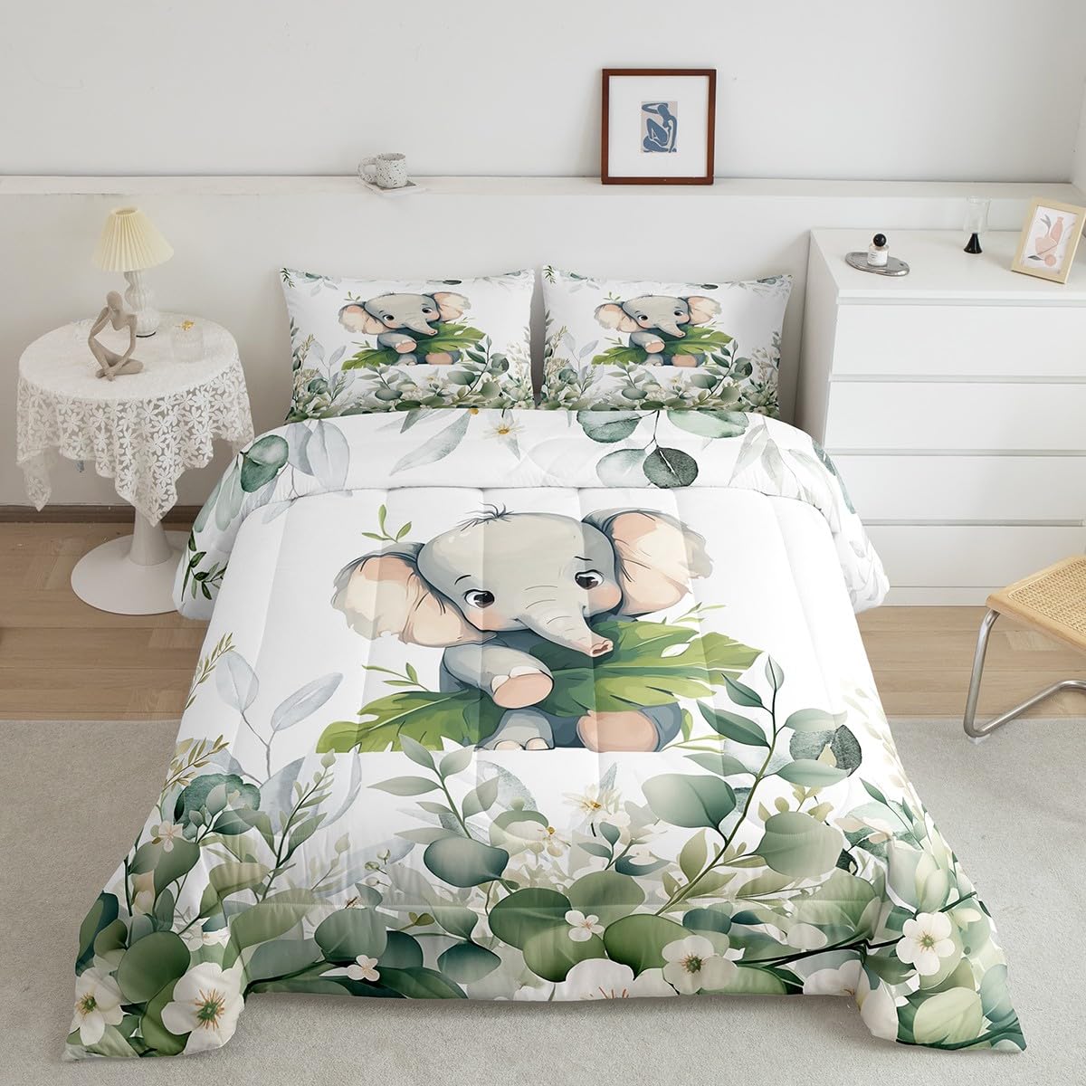 Erosebridal Cute Elephant Twin Comforter Set 7 Pieces for Kids Green Eucalyptus Bedding Comforter Sets, Woodland Animal Bed in a Bag Botanical Plant Leaves Bedding Set, Cartoon Wildlife Bed Sheets Set