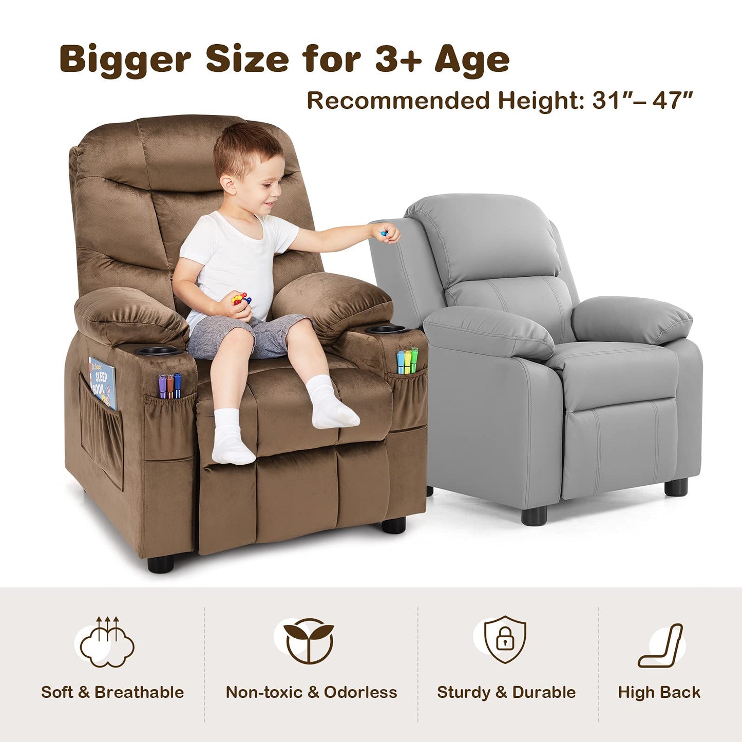 CHEFJOY Kids Recliner, Kids Recliner Chair w/ 2 Cup Holders, Velvet Fabric Chairs Comfy w/Adjustable Backrest & 3 Pockets, Toddler Furniture Sofa for Boys Girls Aged 3+