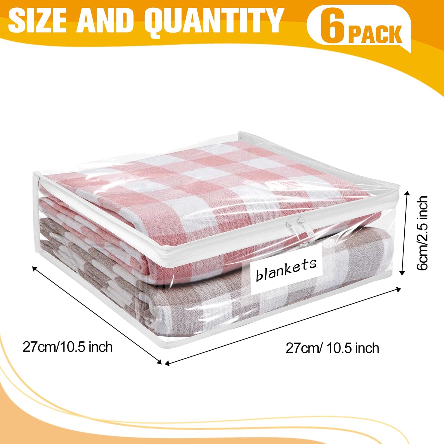 Plastic Storage Bags with Easy-Glide Zipper, Pack of 6, Durable Clear Vinyl Zippered Storage Bags for Clothes Sweaters Comforters Blankets Sheets Bedding (10.5 x 10.5 x 2.5 Inch, White)