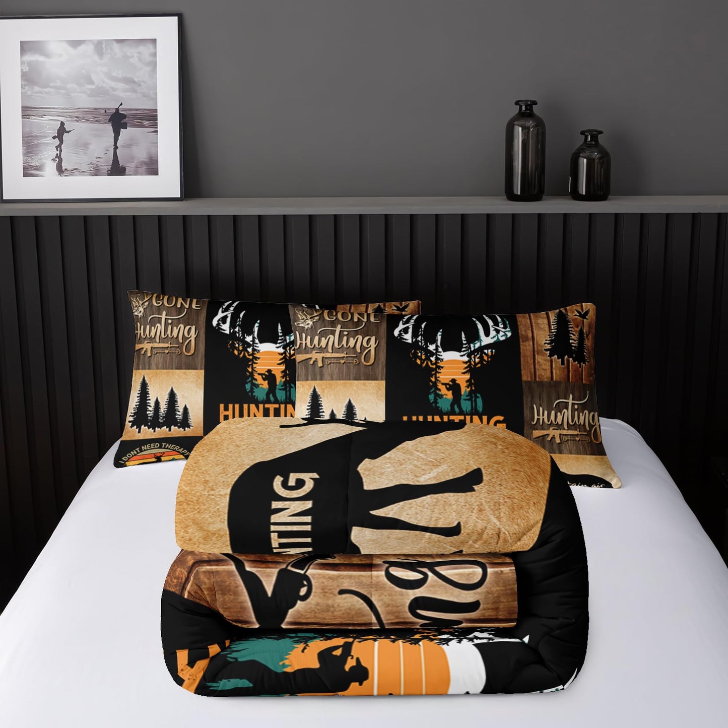 Nttopship Deer Moose Hunting Comforter Set Twin,Bear Hunting Bedding Set 3 Piece for Girls Women Teens Adult Kids Boys,Rustic Bear Comforter Set 3pcs Wildlife Hunting Room Decor with 2 Pillowcases