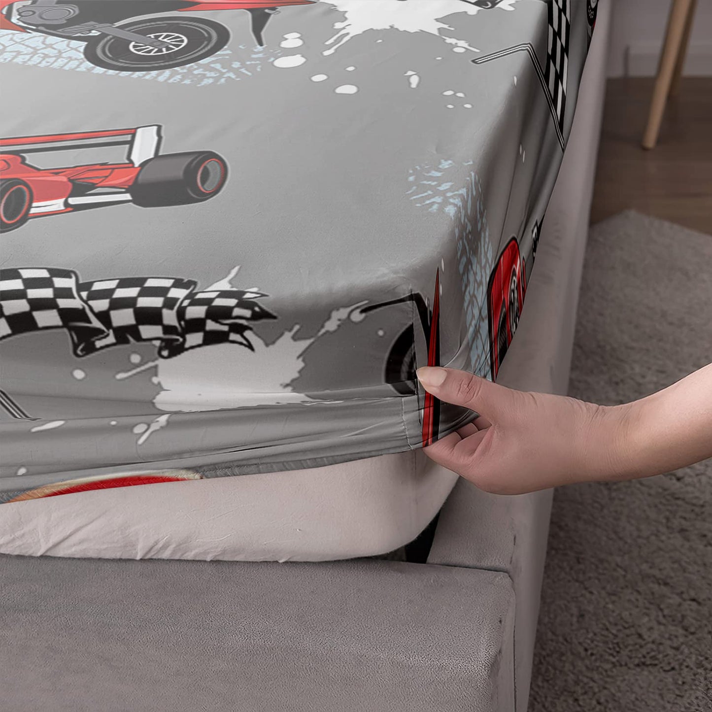 Axolotl Twin Racing Car Bedding Set, 4Pcs Red & Grey Car Bed Sheets with 1 Fitted Sheet 1 Flat Sheet 2 Pillowcases for Boys, Girls, Adults & Kids