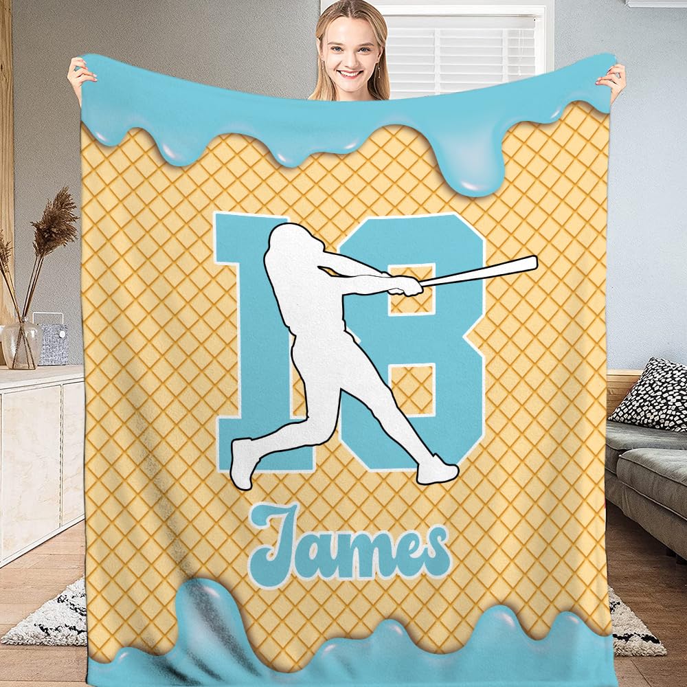 Personalized Baseball Ice Cream Drip Blanket – Custom Name & Number Baseball Throw Blanket, Soft Cozy Sports Blanket, Gift for Kids, Teens & Adults, Bedroom or Couch Décor (Ice Cream Drip Baseball #1)