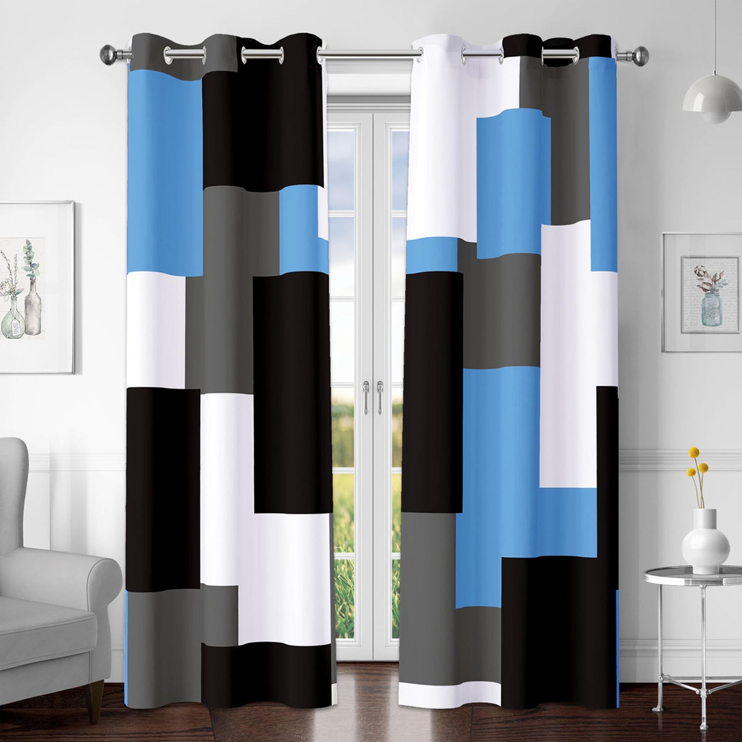 Tyrot Light Blue 100% Blackout Curtains for Bedroom 63 inch Length 2 Panels Set Black Grey Modern Abstract Geometric Black Out Curtains Insulated Room Darkening Window Drapes for Living Room, 42Wx63L