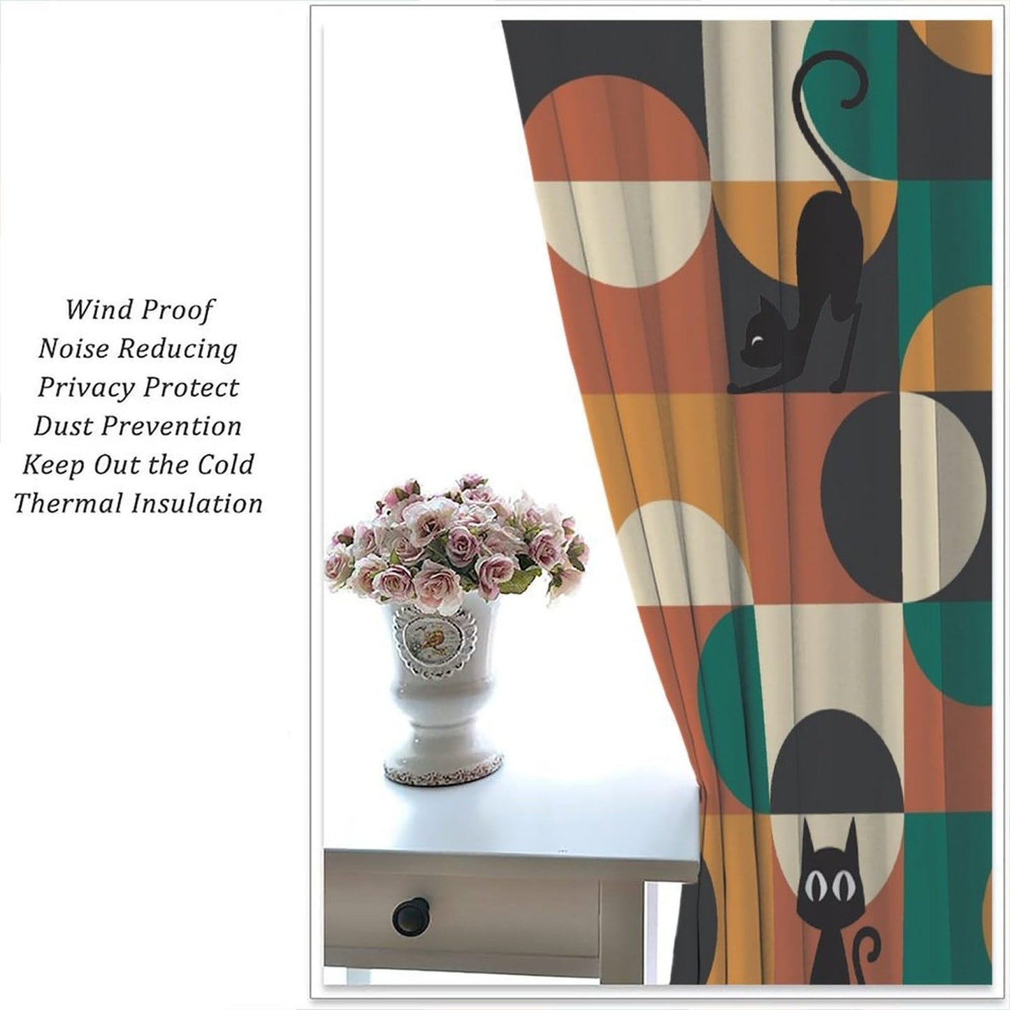 ICMOLYYENLO Mid Century Black Cat Curtains - Modern Abstract Geometric Pattern - Retro Living Room & Kitchen Decor - Blackout 42x45 Inches 2 Panels