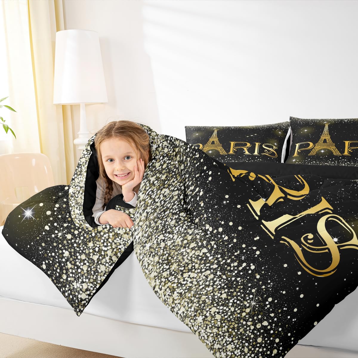 Erosebridal 2 Pcs Eiffel Tower Comforter Set,City Building of Paris Quilted Comforter Twin Size,Gold Yellow Ombre Glitter Bedding Set with 1 Pillow Case