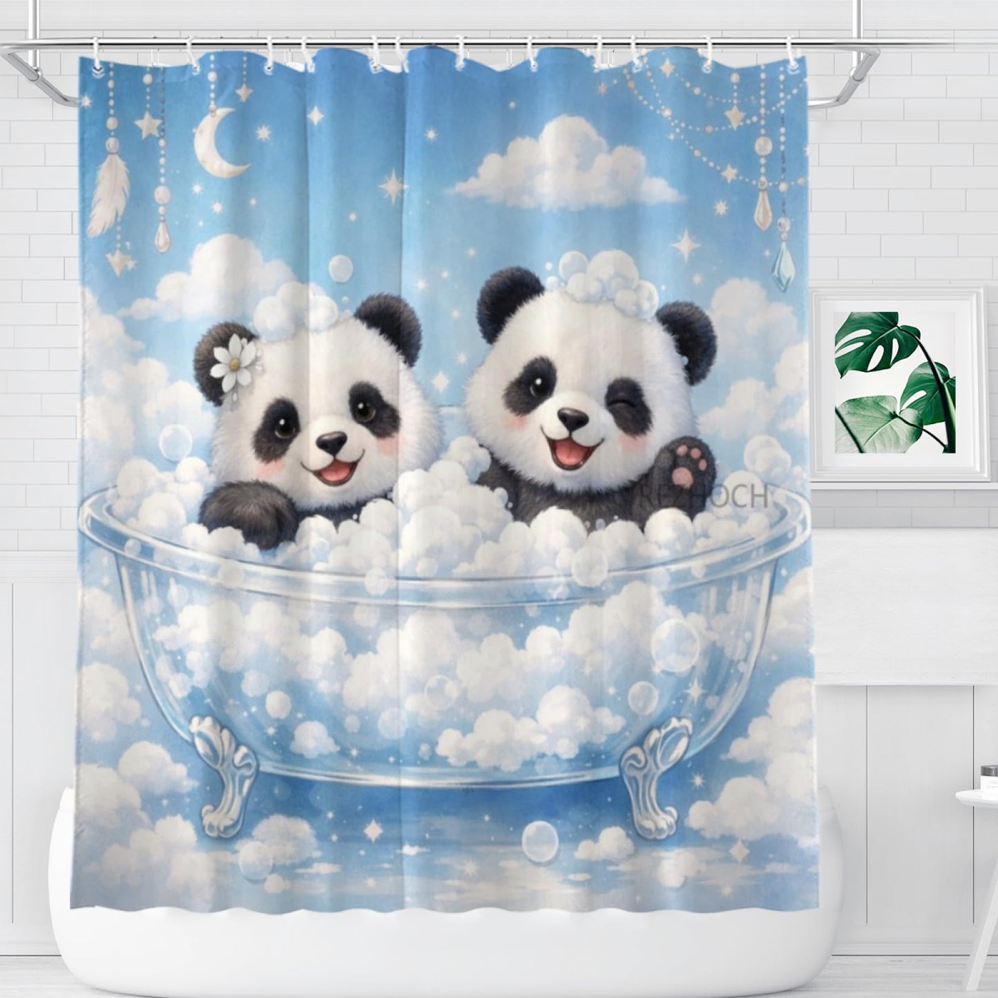 REZHOCH Dreamy Funny Panda Shower Curtain 72x72Inch,Cute Animal Home Bathtub Bathroom Decor,Boho Sky Cloud Bubble Bath,Blue Waterproof Fabric Bath Curtain Set with 12 Hooks